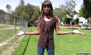 Dishy transsexual Tameka takes a white phallus up his loose bum with no complains
