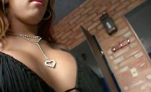 Lascivious latin tranny is kneeling and sucking a huge dong and then anal fucked hard